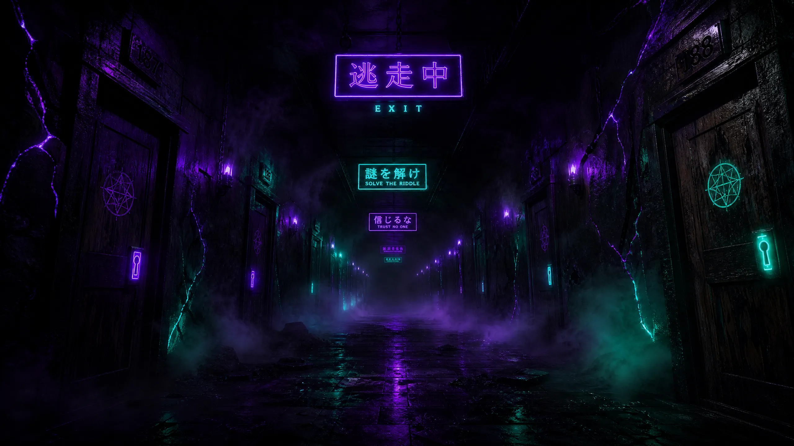 密室走廊第一人称视角，霓虹紫光与幽灵​荧光绿交织的悬疑暗夜‍走廊‌